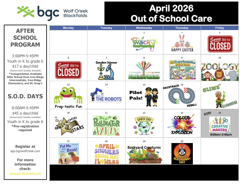 Blackfalds September 2025 Out of School Care calendar with activities and themes for each day of program. There are two School's Out Day (S.O.D.) this month on the 19th and 30th that there will be full day programs at BGC Wolf Creek