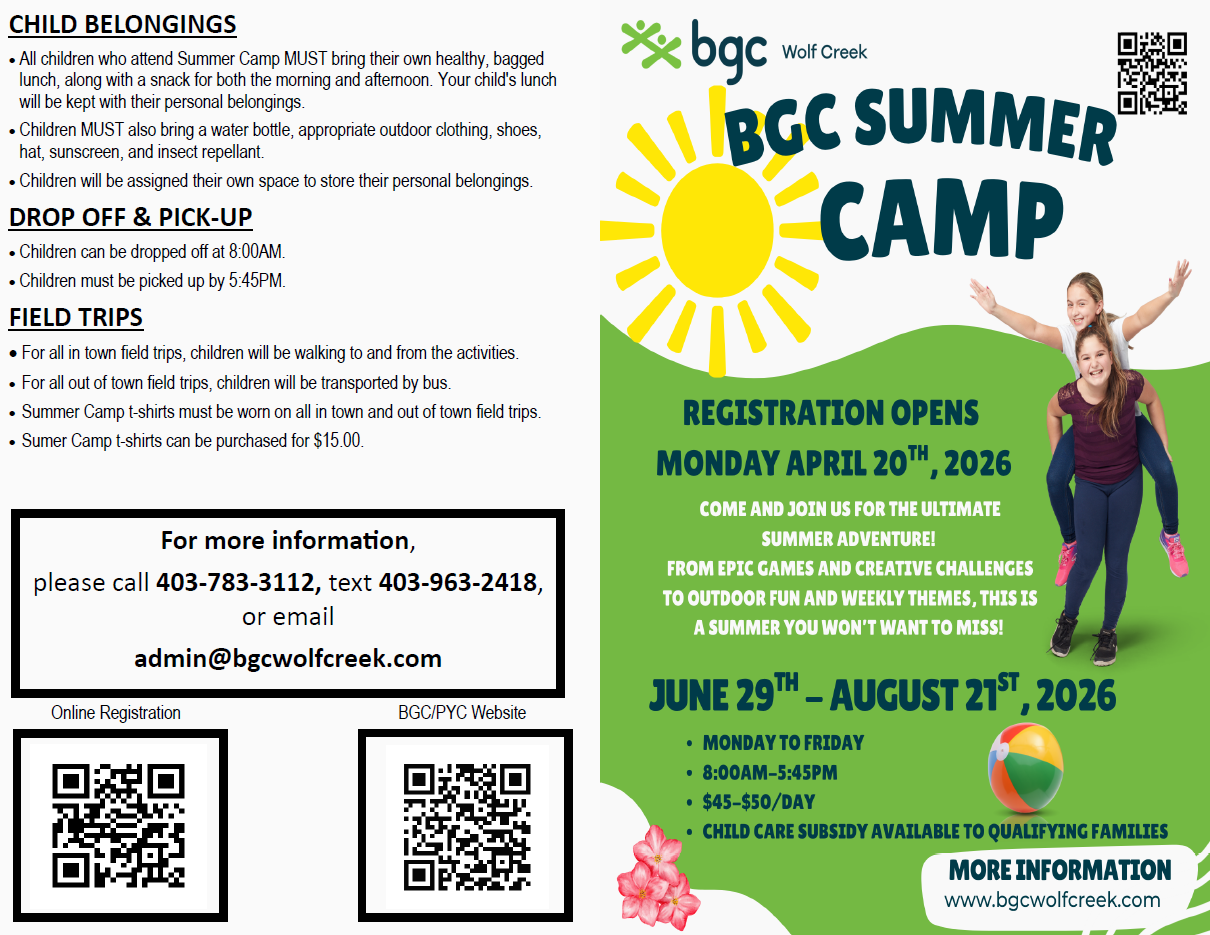 Blackfalds Brochure Pg 1 Poster for summer camp for BGC Blackfalds 2025