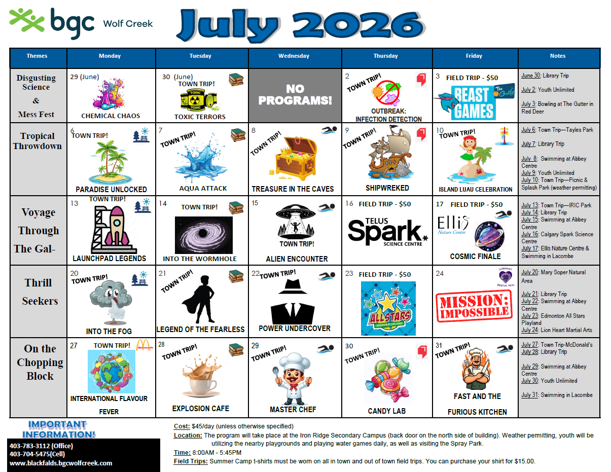 July Blackfalds snip Poster for summer camp for BGC Blackfalds 2025