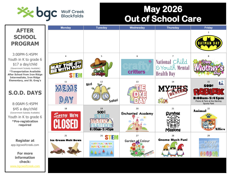Blackfalds September 2025 Out of School Care calendar with activities and themes for each day of program. There are two School's Out Day (S.O.D.) this month on the 19th and 30th that there will be full day programs at BGC Wolf Creek