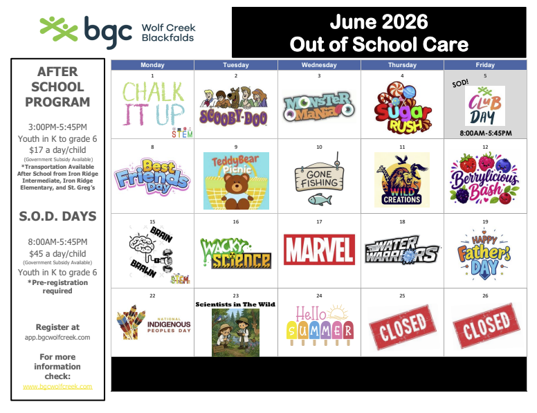 Blackfalds September 2025 Out of School Care calendar with activities and themes for each day of program. There are two School's Out Day (S.O.D.) this month on the 19th and 30th that there will be full day programs at BGC Wolf Creek